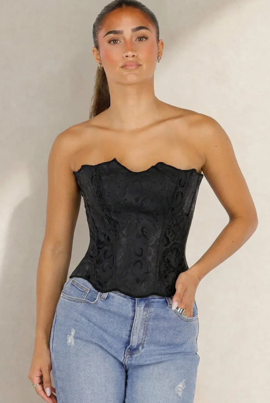 Zwart Korset met Jacquard Print, Baleinen en Vetersluiting