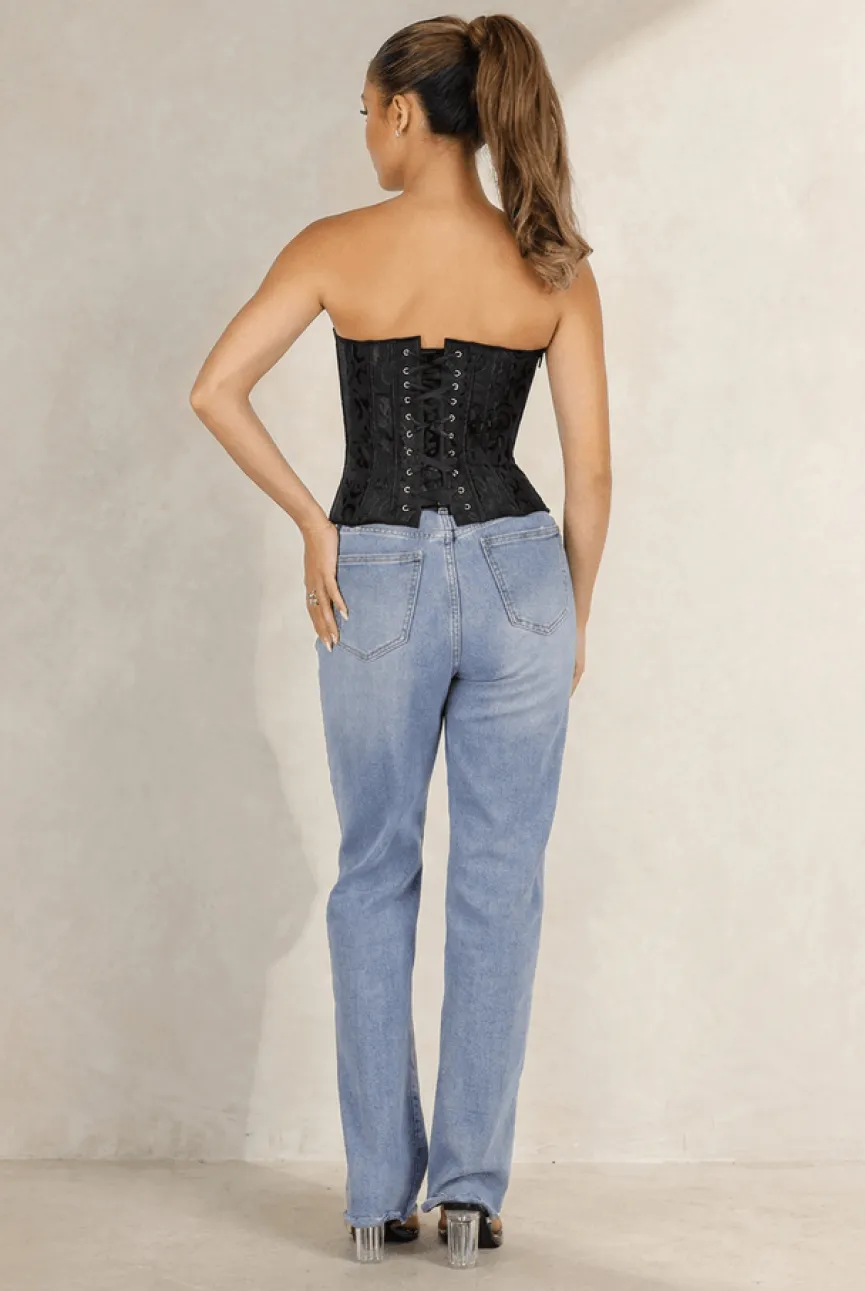 Zwart Korset met Jacquard Print, Baleinen en Vetersluiting