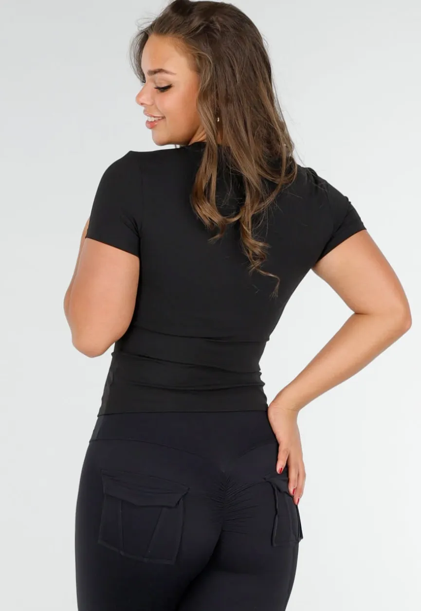 Zwart Korte Mouwen Sporttop voor Vrouwen met Comfortabele Fit