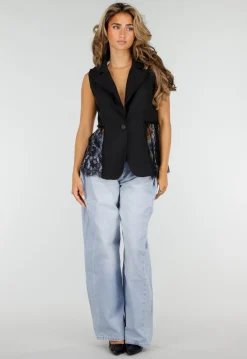 Zwart Mouwloos Gilet met Kanten Details