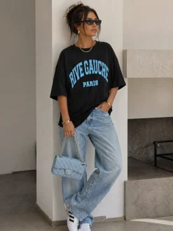Zwart Oversized T-Shirt met Blauwe Rive Gauche Tekstprint