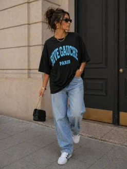 Zwart Oversized T-Shirt met Blauwe Rive Gauche Tekstprint
