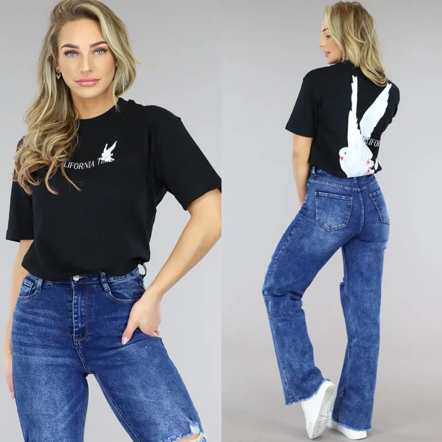 Zwart Oversized T-Shirt met Duif Print