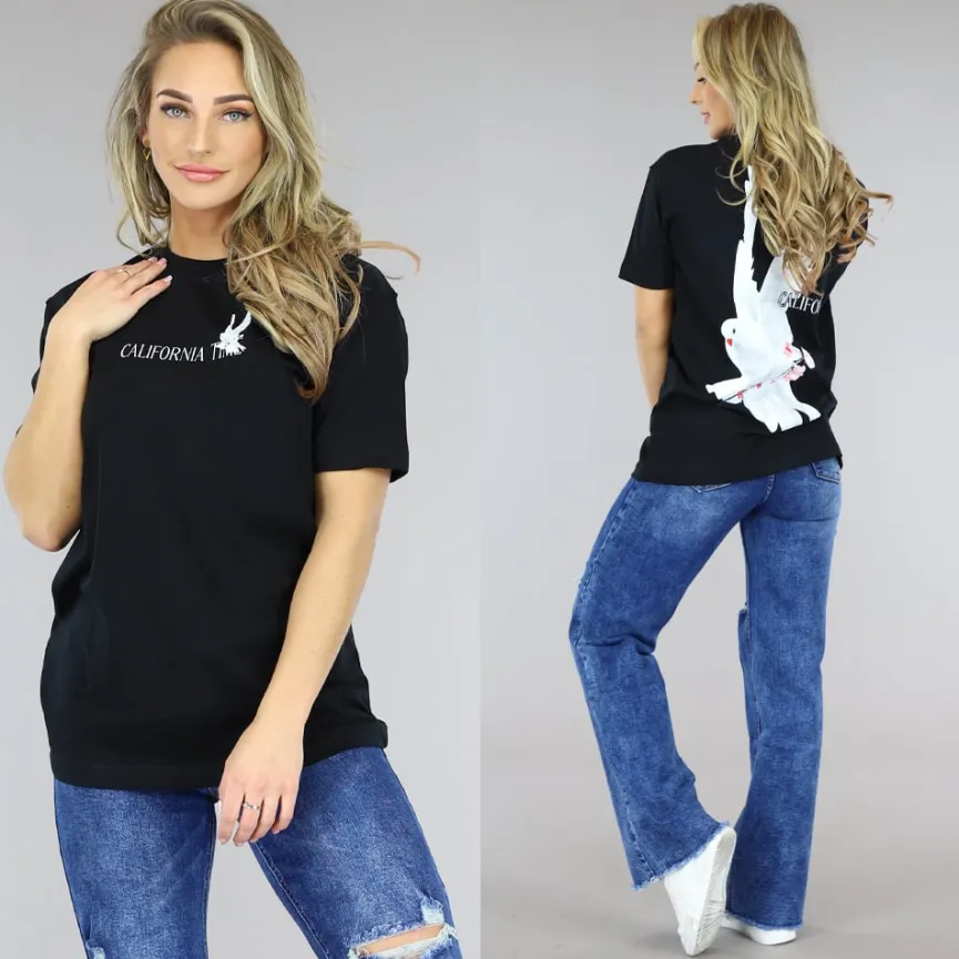 Zwart Oversized T-Shirt met Duif Print
