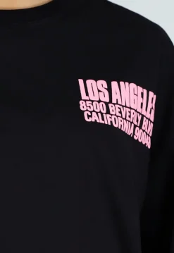 Zwart Oversized T-shirt met Roze Tekst en Korte Mouwen