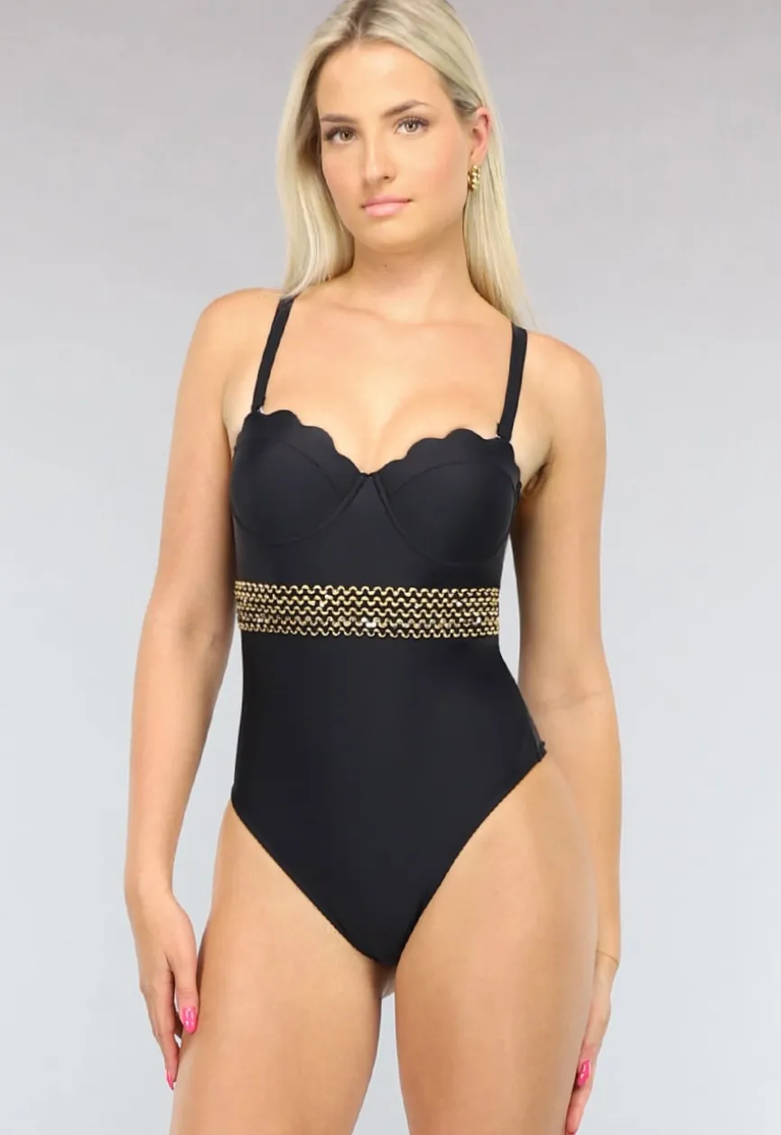 Zwart Push-Up Badpak met Geschulpte Cups en Gouden Detail