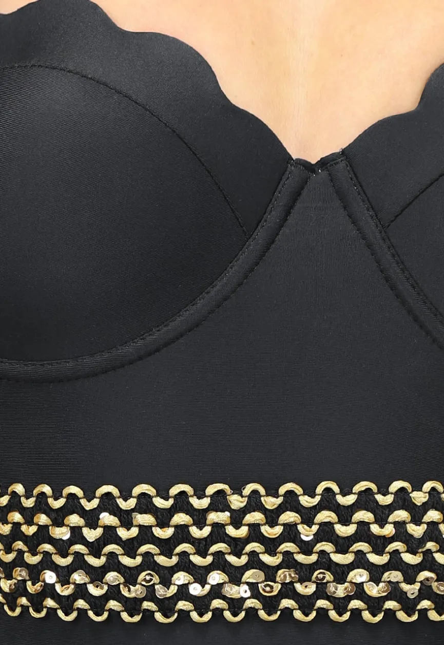 Zwart Push-Up Badpak met Geschulpte Cups en Gouden Detail