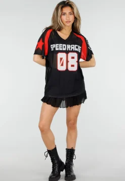 Zwart Rood Mesh Jersey T-Shirt met Print en V-hals