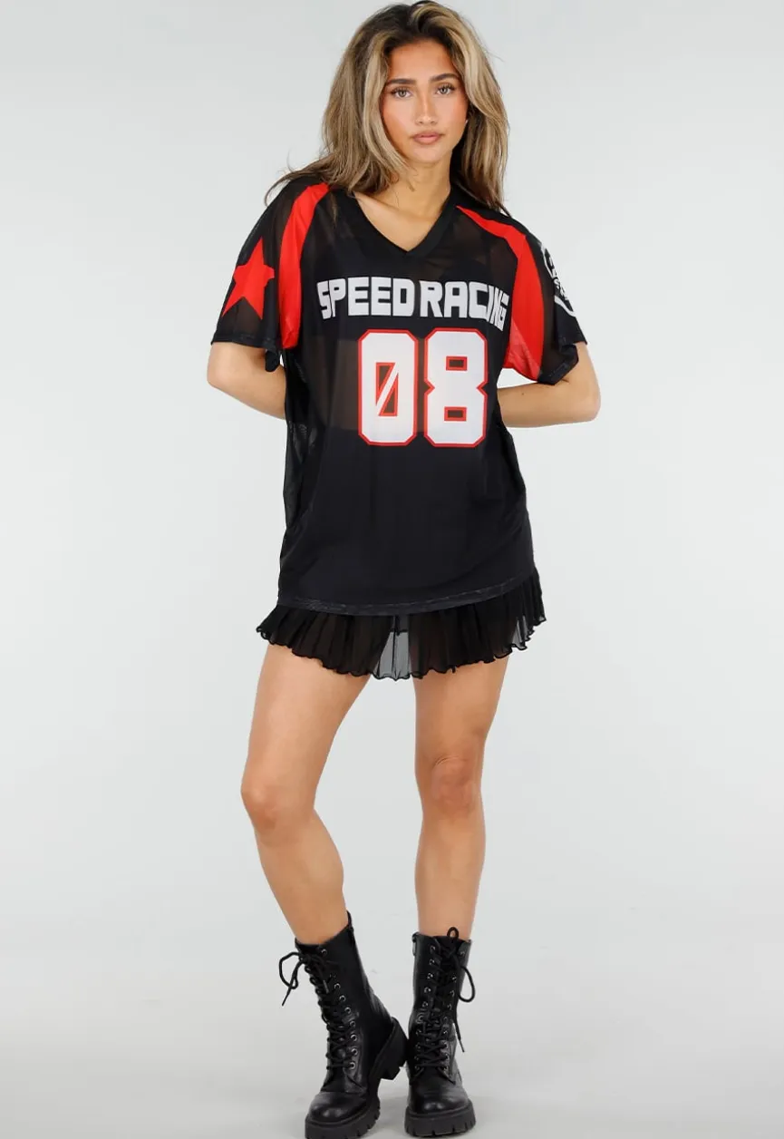 Zwart Rood Mesh Jersey T-Shirt met Print en V-hals