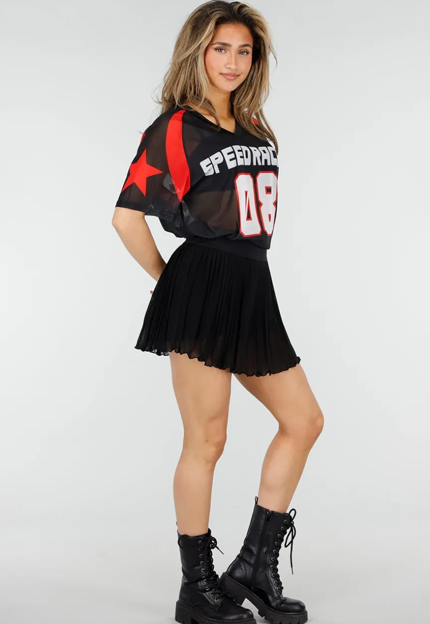 Zwart Rood Mesh Jersey T-Shirt met Print en V-hals