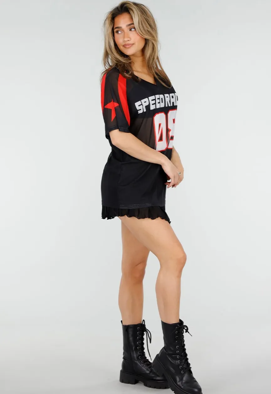 Zwart Rood Mesh Jersey T-Shirt met Print en V-hals