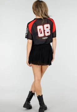 Zwart Rood Mesh Jersey T-Shirt met Print en V-hals