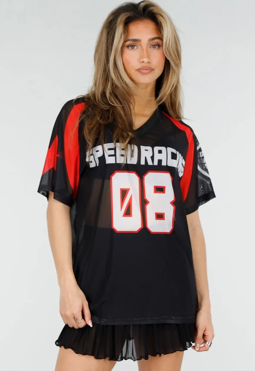 Zwart Rood Mesh Jersey T-Shirt met Print en V-hals