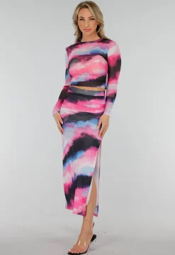 Zwart Roze Watercolor Stretch Mesh Cropped Top met Lange Mouwen en Geplooid Detail