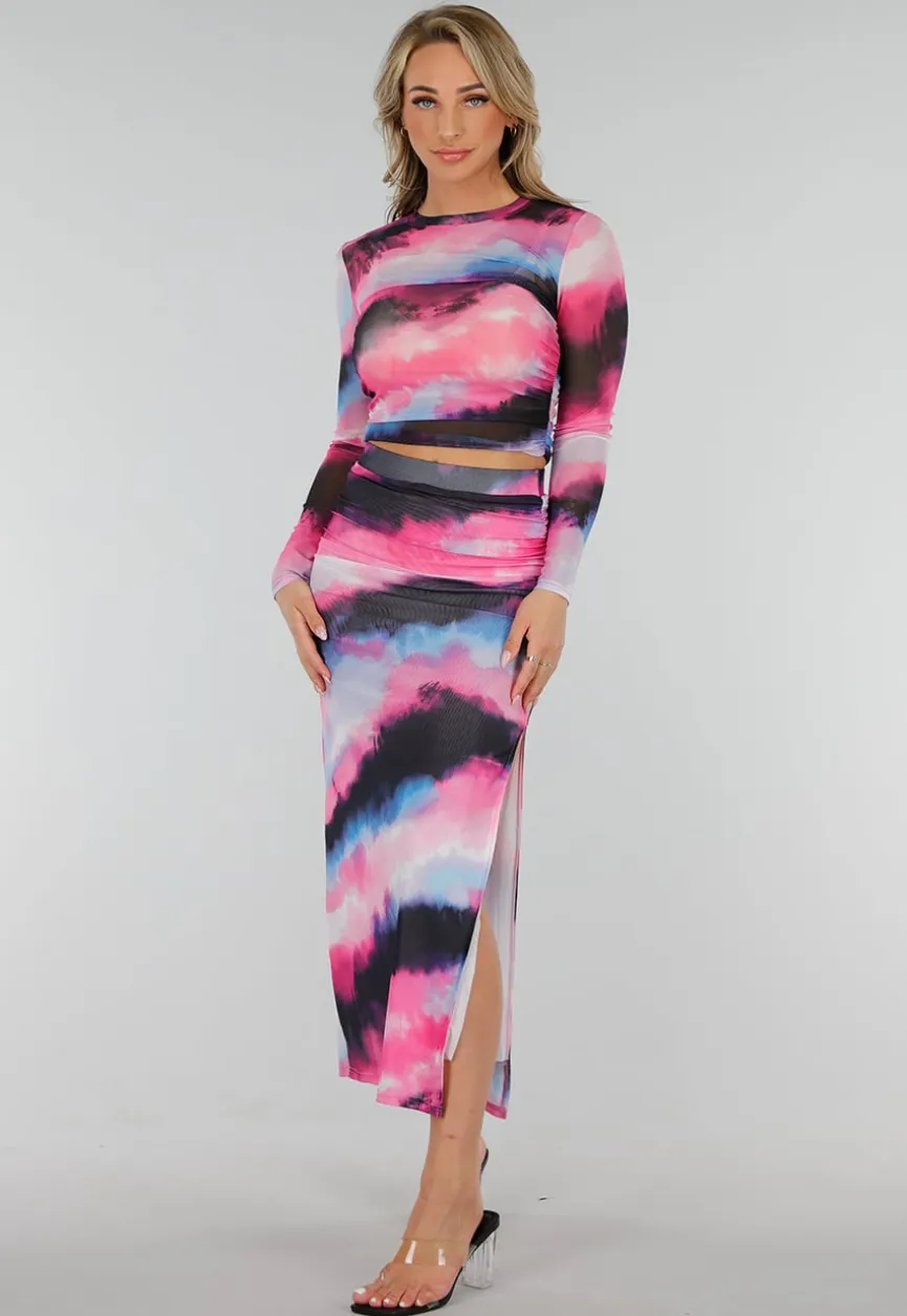 Zwart Roze Watercolor Stretch Mesh Cropped Top met Lange Mouwen en Geplooid Detail