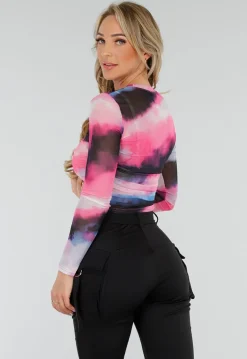 Zwart Roze Watercolor Stretch Mesh Cropped Top met Lange Mouwen en Geplooid Detail