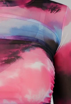 Zwart Roze Watercolor Stretch Mesh Cropped Top met Lange Mouwen en Geplooid Detail