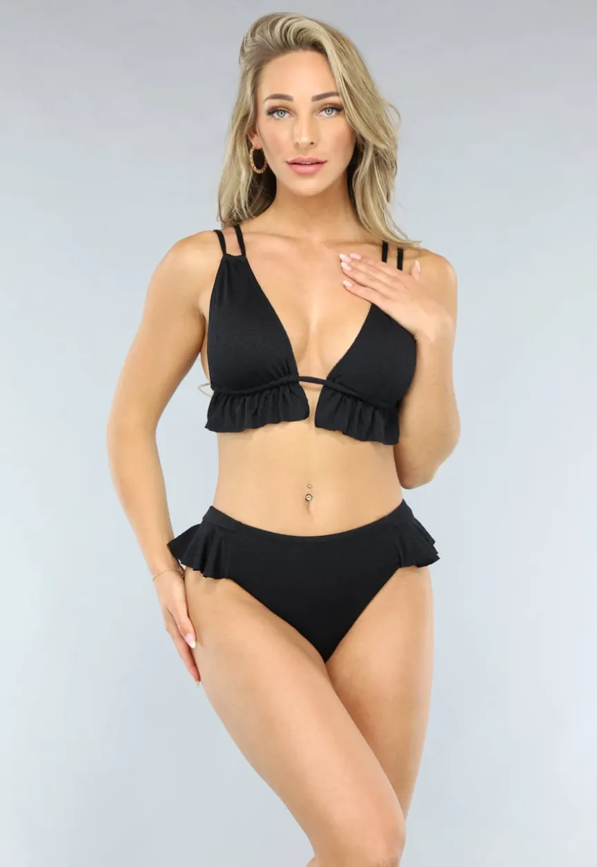 Zwart Ruffle Bikini Broekje met Hoge Taille