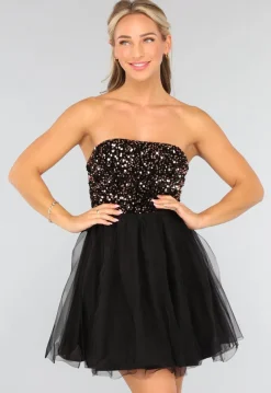 Zwart Strapless Tule Jurkje met Pailletten