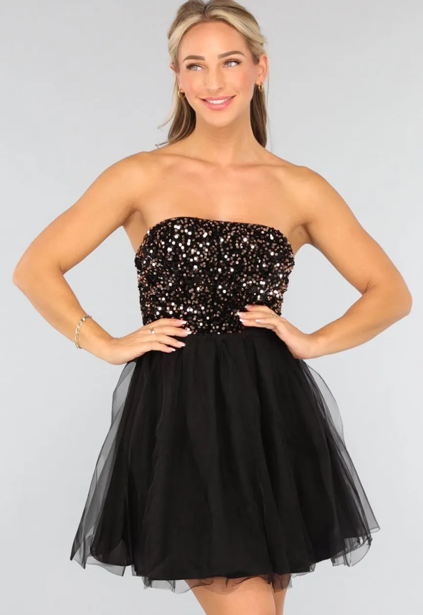 Zwart Strapless Tule Jurkje met Pailletten