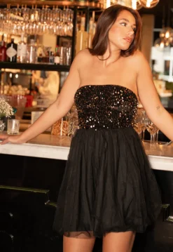 Zwart Strapless Tule Jurkje met Pailletten