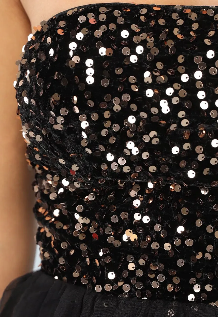 Zwart Strapless Tule Jurkje met Pailletten