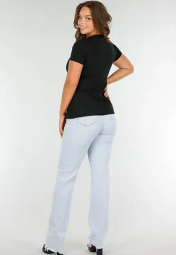 Zwart Stretch T-Shirt met Slim Fit, Ronde Hals en Zijsplit