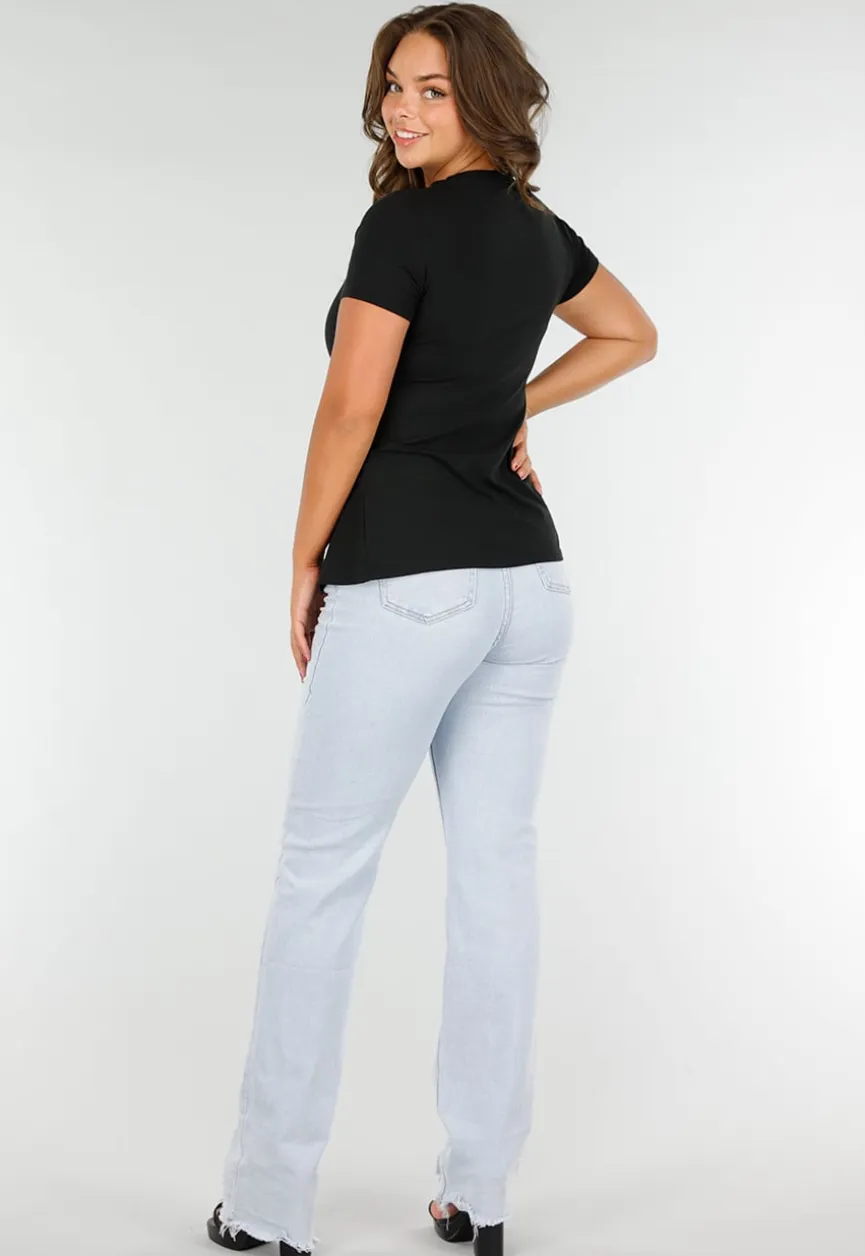 Zwart Stretch T-Shirt met Slim Fit, Ronde Hals en Zijsplit