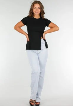 Zwart Stretch T-Shirt met Slim Fit, Ronde Hals en Zijsplit