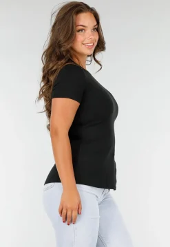 Zwart Stretch T-Shirt met Slim Fit, Ronde Hals en Zijsplit