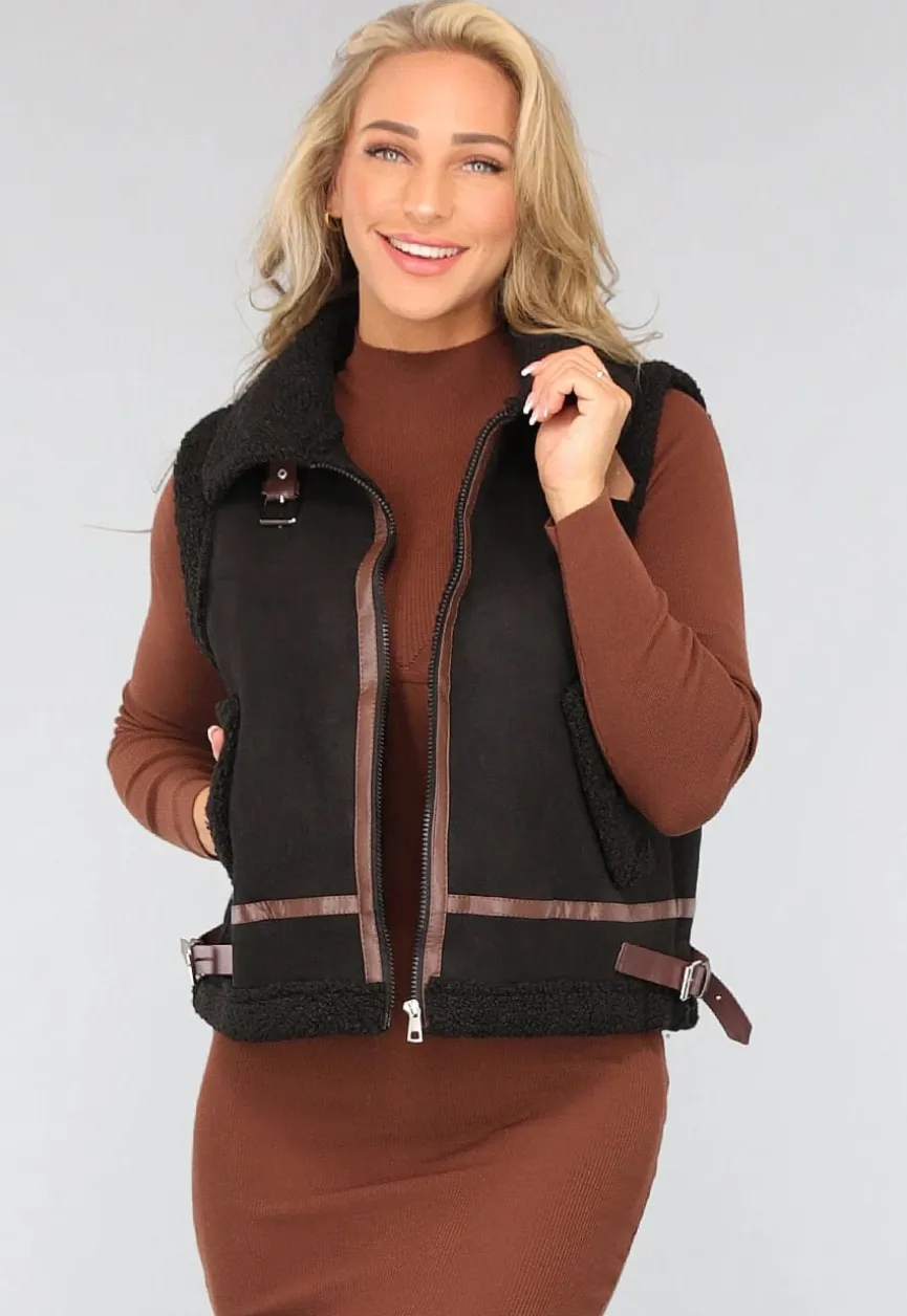 Zwart Teddy Gilet met Gesp Details