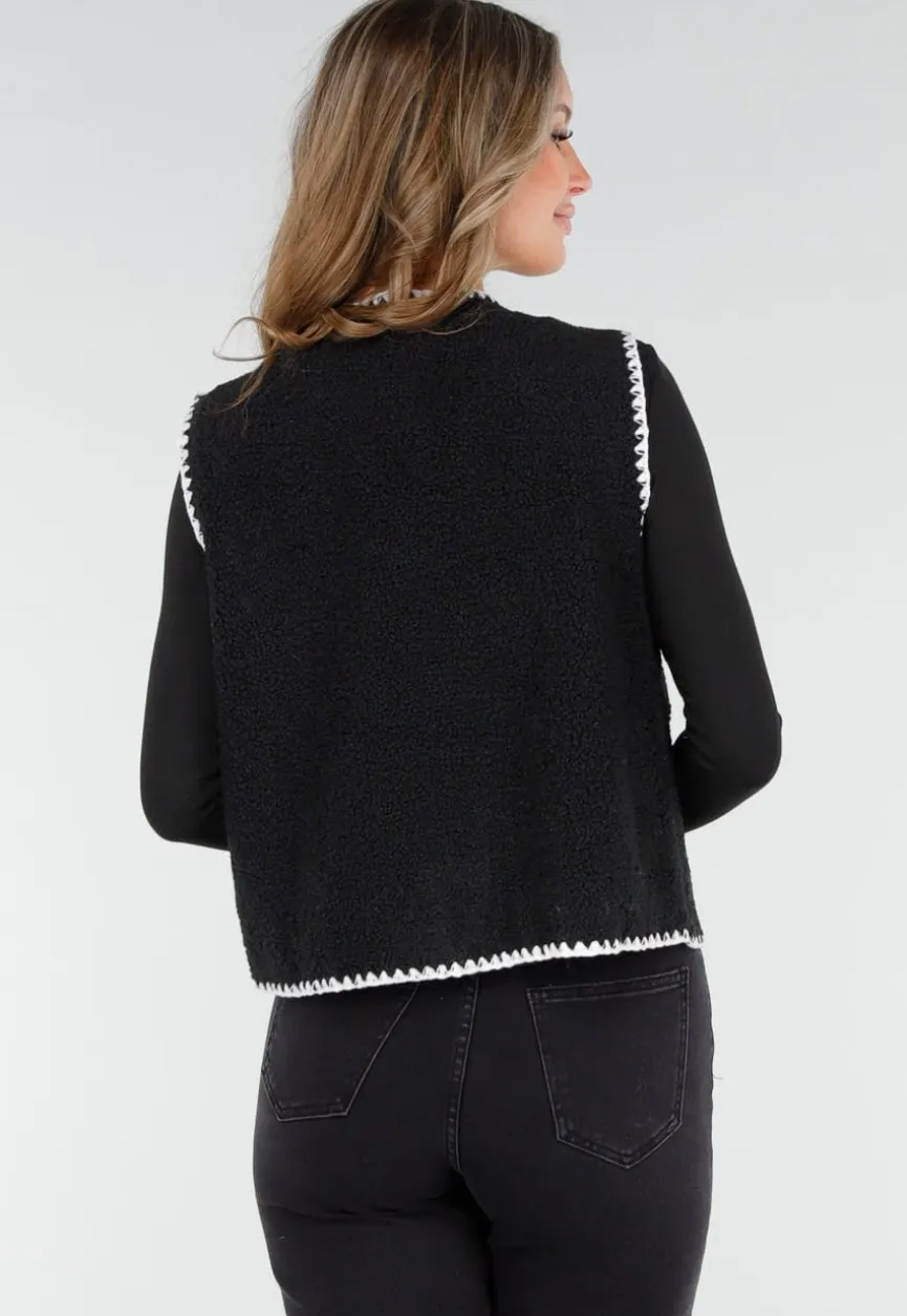 Zwart Teddy Gilet met Witte Randen en Knoopsluiting