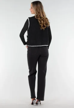Zwart Teddy Gilet met Witte Randen en Knoopsluiting