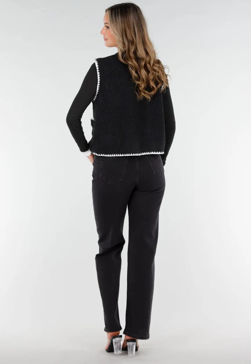 Zwart Teddy Gilet met Witte Randen en Knoopsluiting