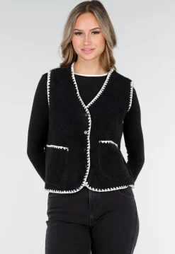 Zwart Teddy Gilet met Witte Randen en Knoopsluiting
