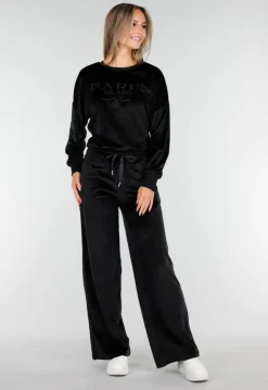 Zwart Velours Huispak met Lange Mouwen en Wijde Broek