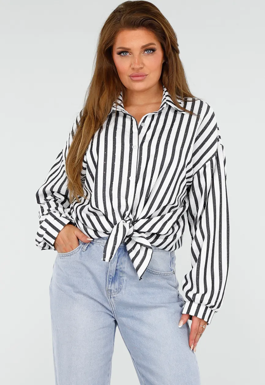 Zwart-Wit Gestreepte Blouse met Knoopsluiting, Kraag en Glittersteentjes