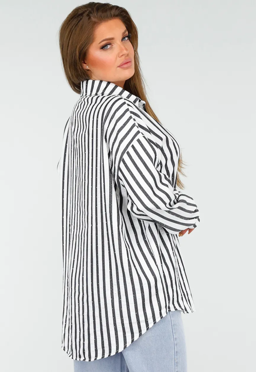 Zwart-Wit Gestreepte Blouse met Knoopsluiting, Kraag en Glittersteentjes