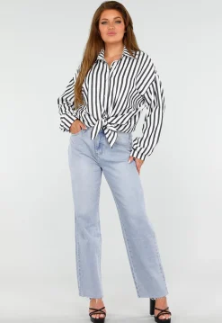 Zwart-Wit Gestreepte Blouse met Knoopsluiting, Kraag en Glittersteentjes