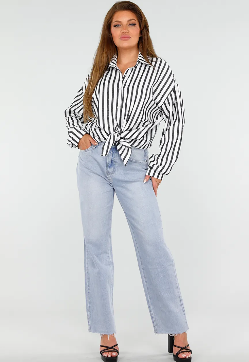 Zwart-Wit Gestreepte Blouse met Knoopsluiting, Kraag en Glittersteentjes