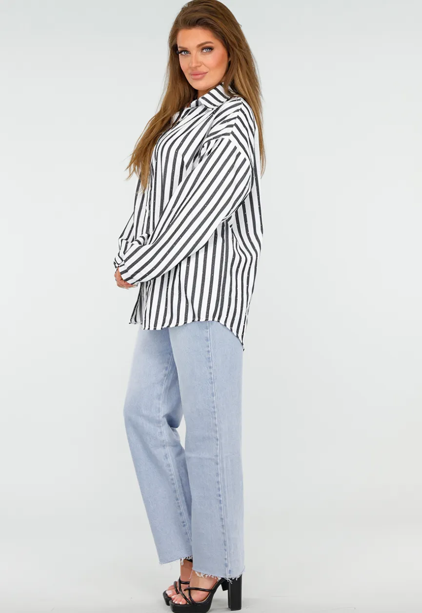 Zwart-Wit Gestreepte Blouse met Knoopsluiting, Kraag en Glittersteentjes