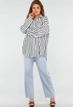 Zwart-Wit Gestreepte Blouse met Knoopsluiting, Kraag en Glittersteentjes
