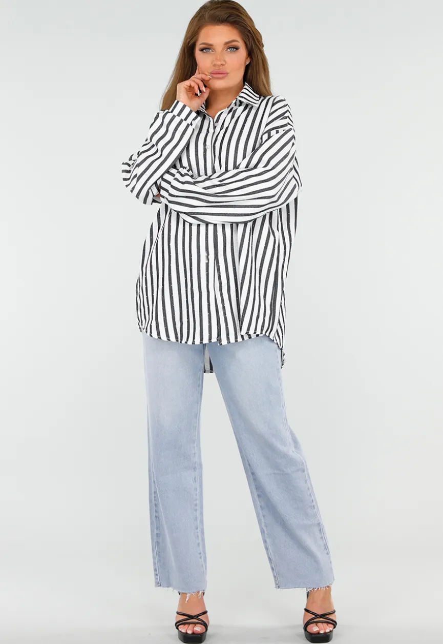Zwart-Wit Gestreepte Blouse met Knoopsluiting, Kraag en Glittersteentjes