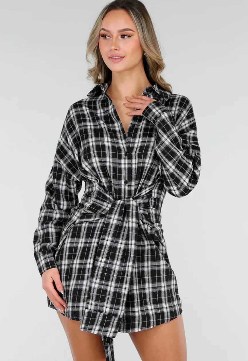 Zwart Witte Geruite Blouse Jurk met Strikmouwen