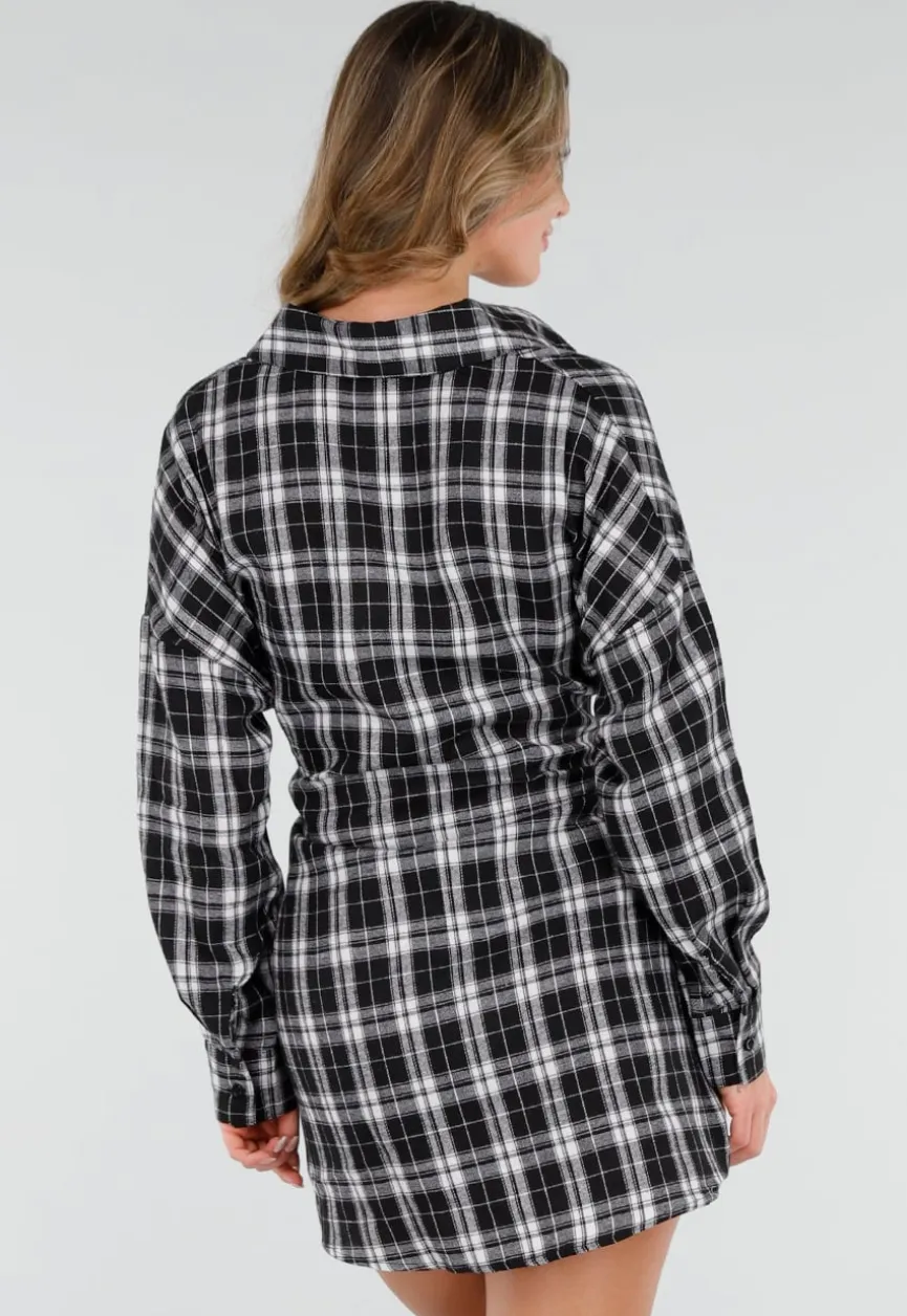 Zwart Witte Geruite Blouse Jurk met Strikmouwen