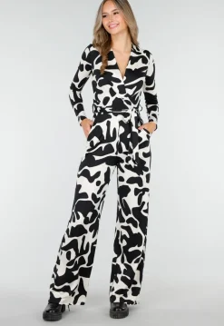 Zwart-Witte Stretch Jumpsuit met Print en Overslagtop