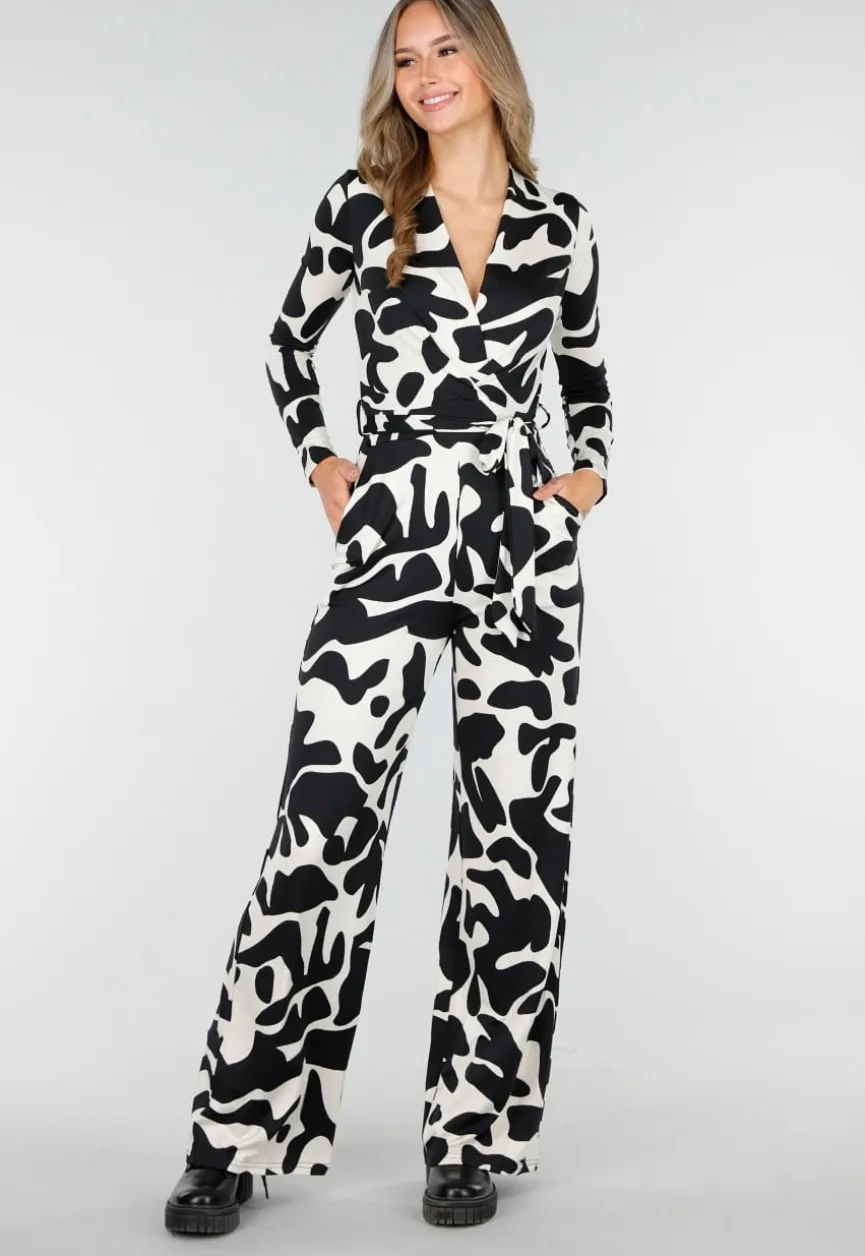 Zwart-Witte Stretch Jumpsuit met Print en Overslagtop