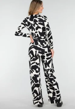 Zwart-Witte Stretch Jumpsuit met Print en Overslagtop